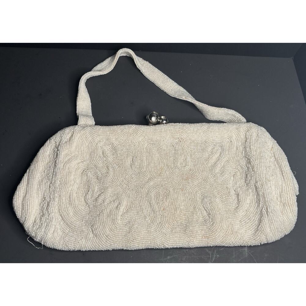Saks Fifth Avenue Ivory Beaded Satin Evening Bag Formal Special Occasion